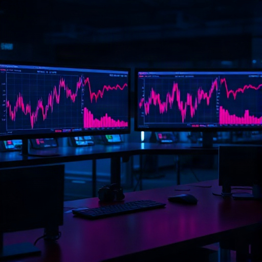 A dark trading desk lit by two screens showing price charts